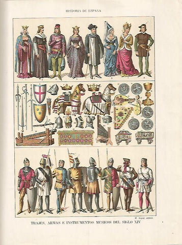 LAMINA 17872: Trajes, armas e instrumentos musicales del siglo XIV