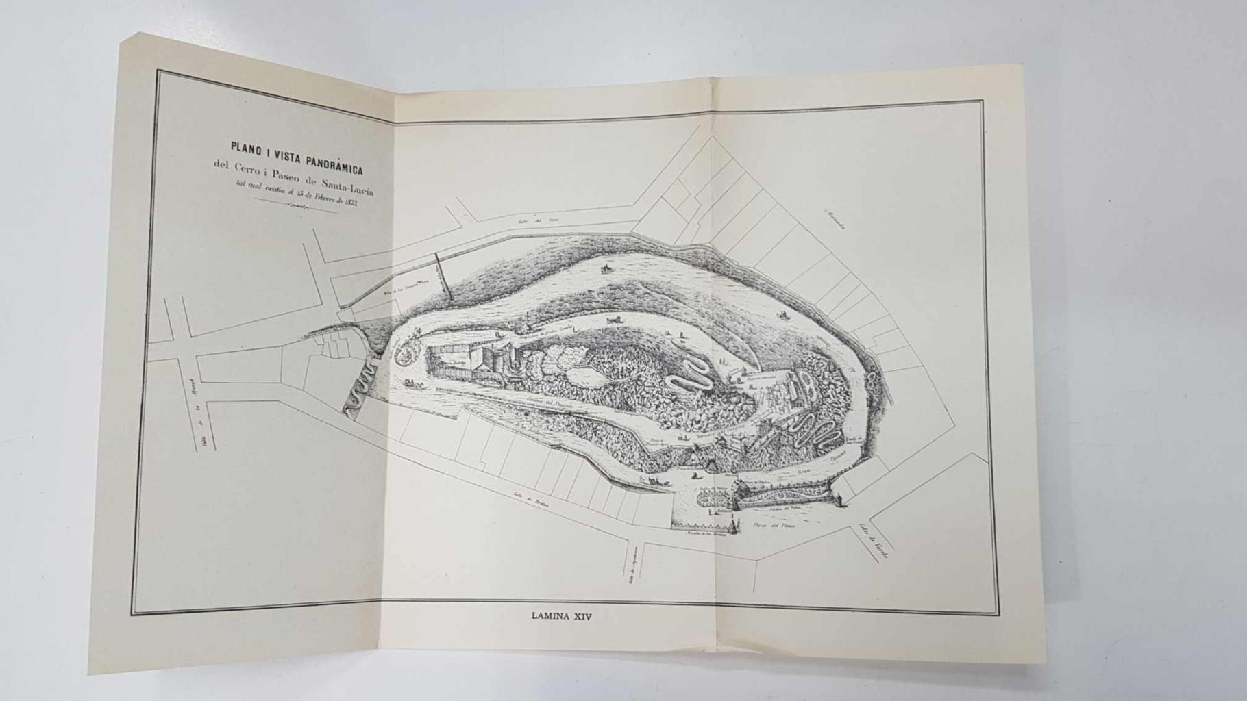 Lamina de Chile (num C7): Plano i vista panoramica del Cerro i Paseo de Santa-Lucia (tal cual era el 15/02/1873
