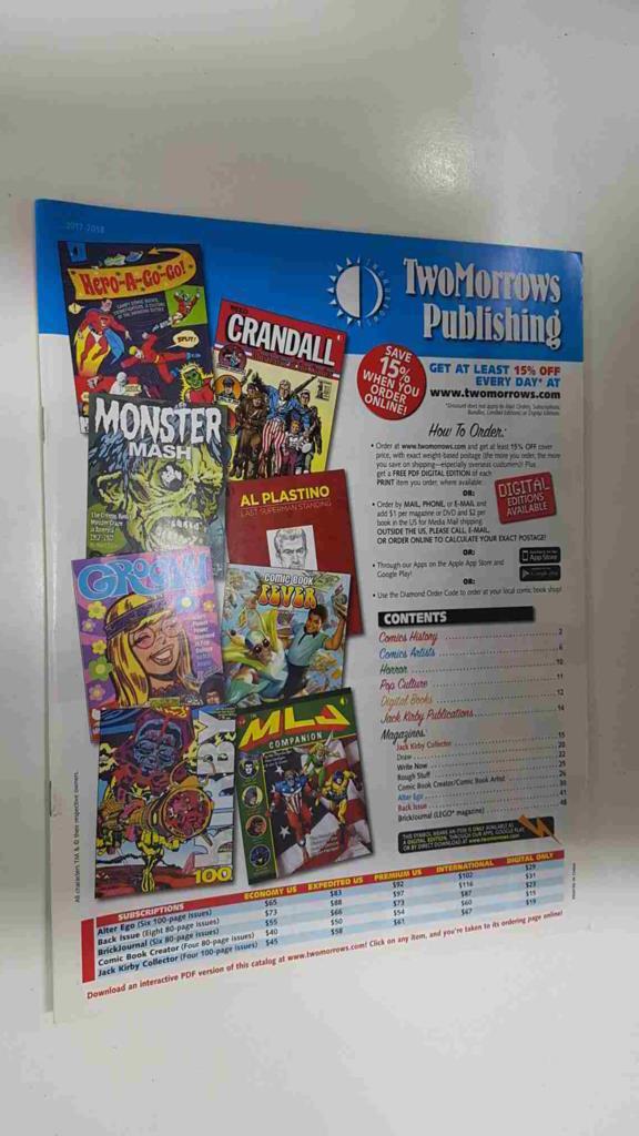 Catalog: TwoMorrows Publishing (2017-2018). Contents: Comics History, Comics Artists, Magazines (Back Issue, Alter Ego, etc.), etc.