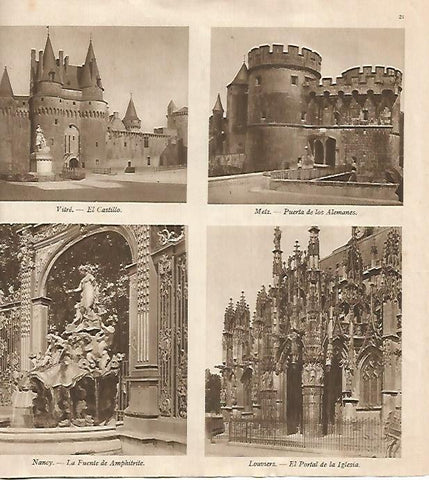 LAMINA 18479: Castillo de Vitre, Puerta de los Alemanes de Metz, Fuente de Nancy y Portal de la iglesia de Louviers