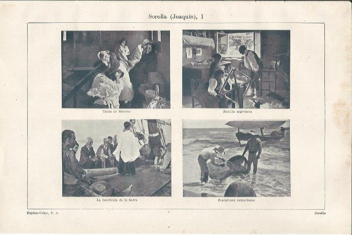 LAMINA ESPASA 34211: Trata de blancas, Familia segoviana, La bendicion de la barca y Pescadores valencianos, por Sorolla