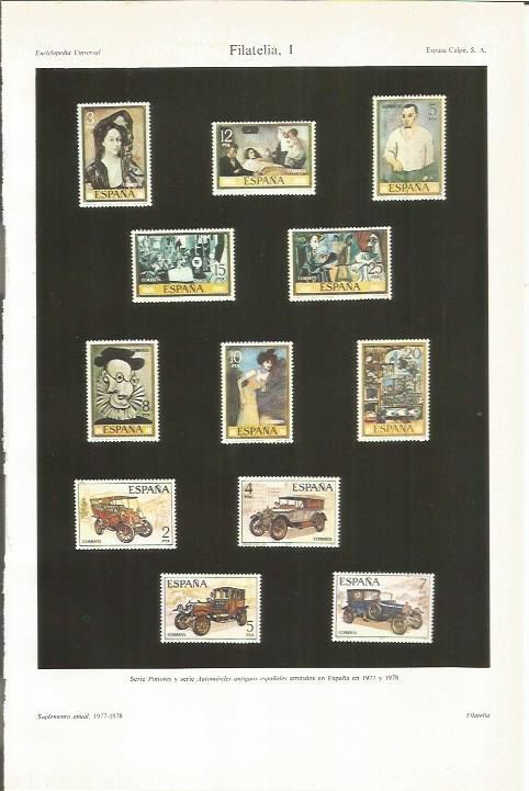 LAMINA ESPASA 34006: Filatelia. Serie Pinturas y Automoviles antiguos, España 1977-1978