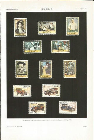 LAMINA ESPASA 34006: Filatelia. Serie Pinturas y Automoviles antiguos, España 1977-1978