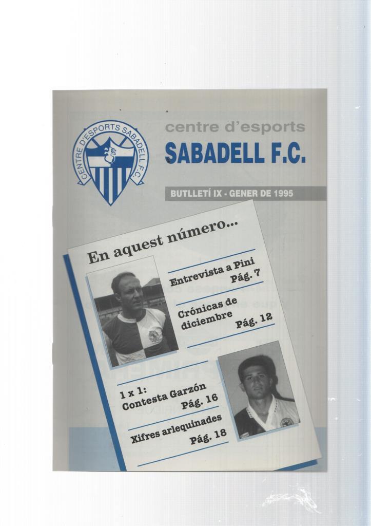 Centre d esports Sabadell F.C. butlleti IX gener 1995: Entrevista a Pini - Cronicas