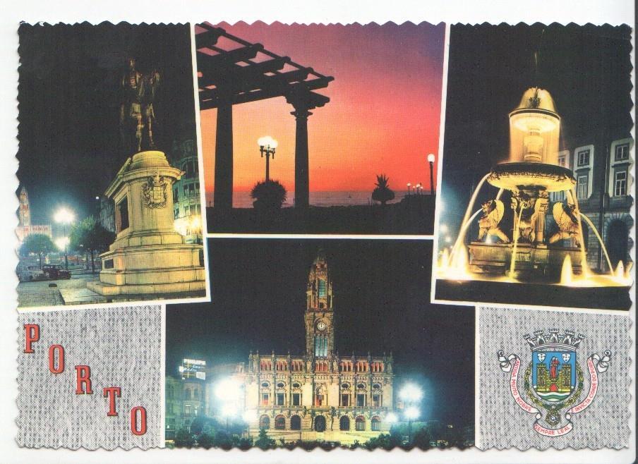 Postal JC033: Porto - Monumento a D. Pedro IV, Praça de Liberdale e Avenida dos Aliados. Vista nocturna