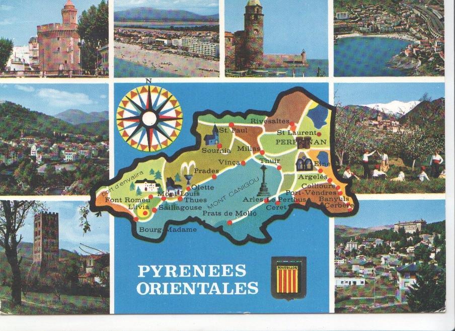 Postal JC055: Principaux sites touristiques - Perpignan, Canet Plage, Collioure, Cerbere, Amelie, Les Bains, St. Michel de Cuxa, Vernet les Bains, Font-Romeu.