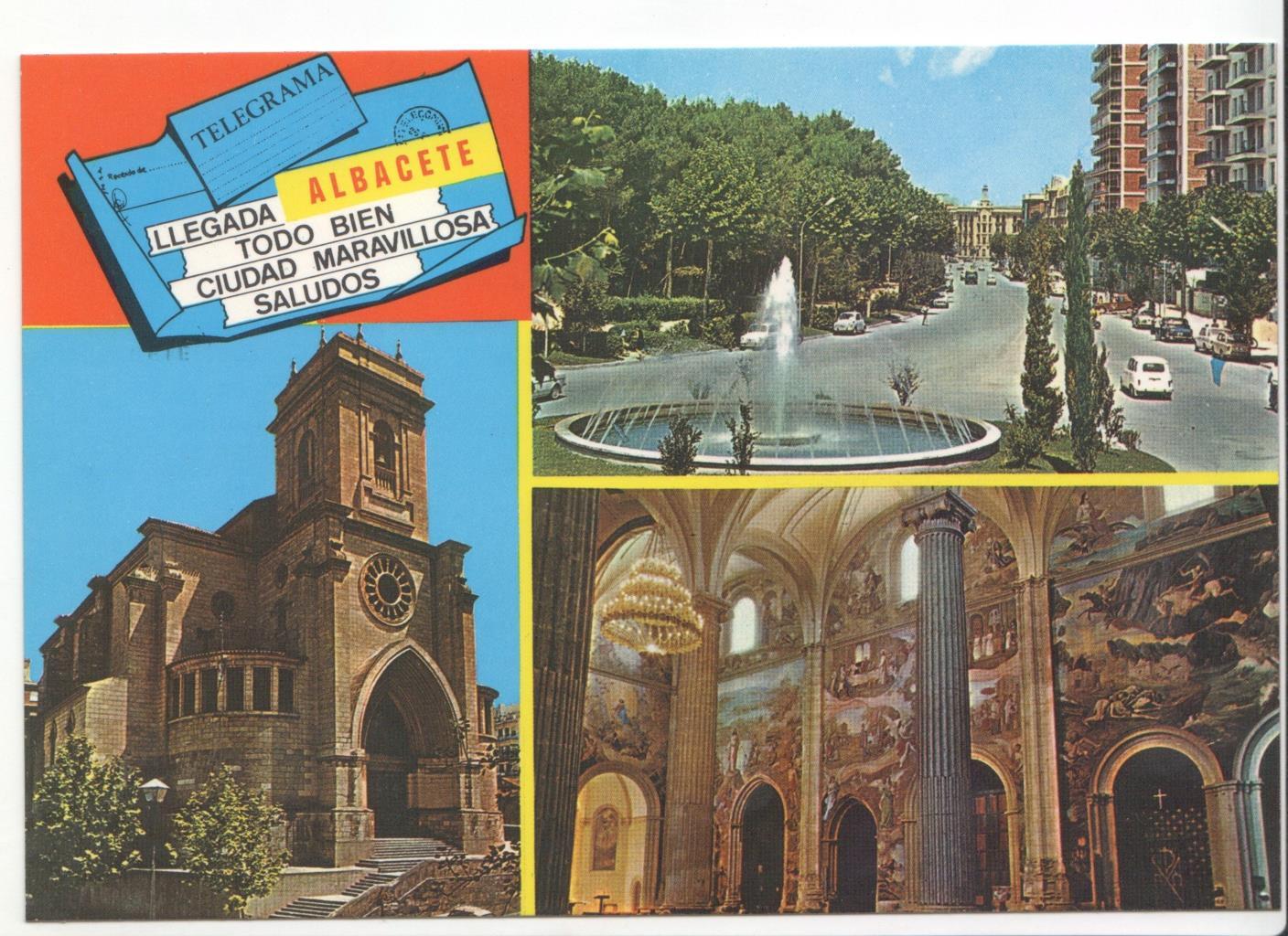 Postal JC086: Albacete. Varias vistas. Catedral vista exterior e interior