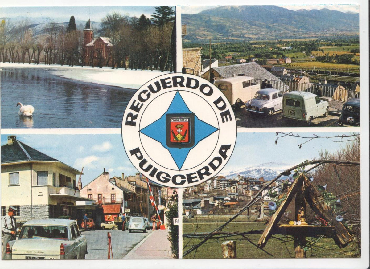 Postal JC0105:  Recuerdos de Puigcerda. Lago-Pl. de10 de Febrero, Frontera Franco-Española, vista parcial