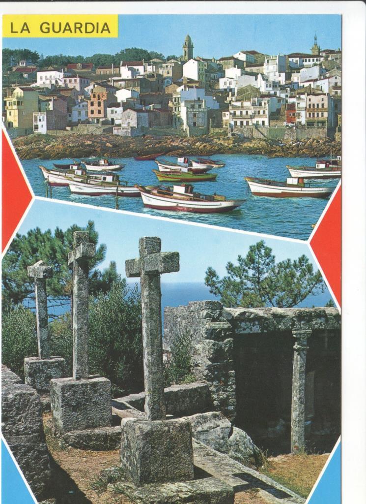 Postal JC0116: La Guardia (Pontevedra). Vista parcial y Calvario y Pulpito