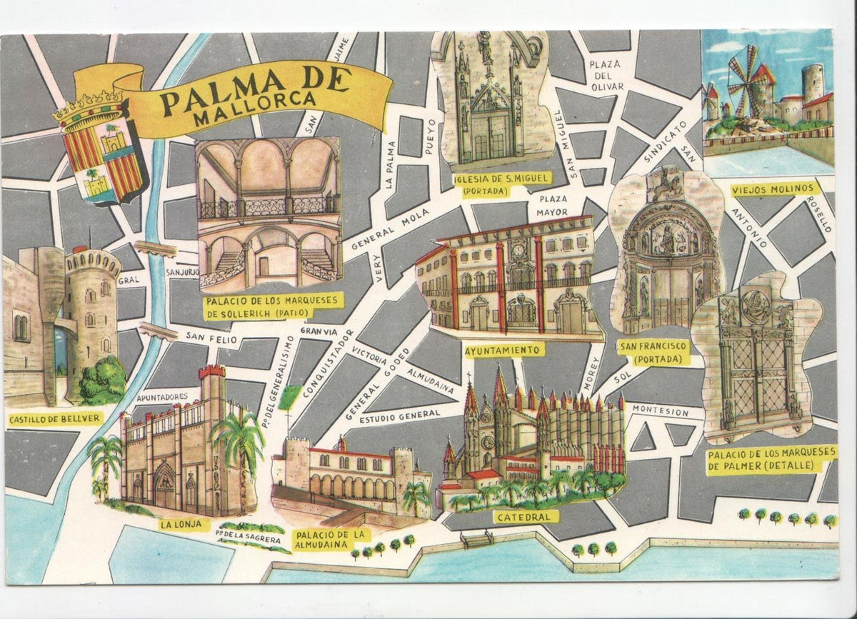 Postal JC0135: Palma de Mallorca, mapa con los lugares mas emblematicos