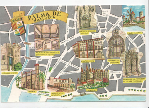 Postal JC0135: Palma de Mallorca, mapa con los lugares mas emblematicos