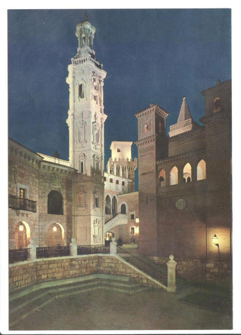 Postal JC0196: Mallorca. Palma. Pueblo Español. Plaza Mayor. Perspectiva nocturna de la Torre de Santa Catalina (Valencia)