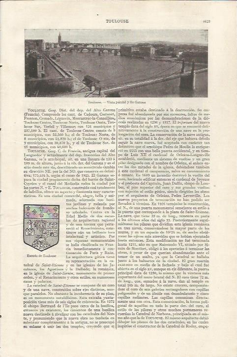 LAMINA ESPASA 35242: Vista y escudo de Toulousse, Francia