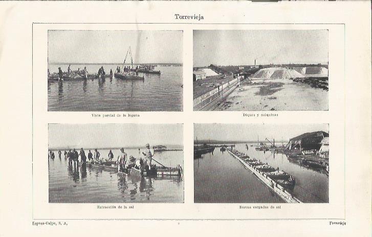 LAMINA ESPASA 35213: Laguna, diques, extraccion de sal y barcas con sal en Torrevieja, Alicante