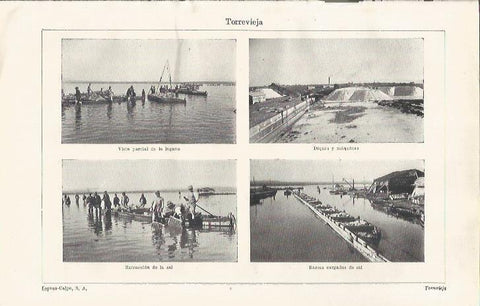 LAMINA ESPASA 35213: Laguna, diques, extraccion de sal y barcas con sal en Torrevieja, Alicante