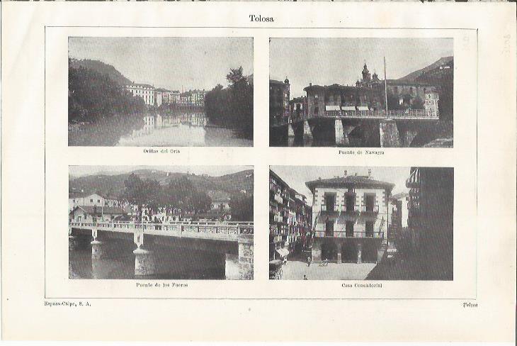 LAMINA ESPASA 35087: Orillas del Oria, Puente de Navarra, Puente de los Fueros y Ayuntamiento de Tolosa