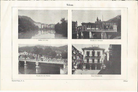 LAMINA ESPASA 35087: Orillas del Oria, Puente de Navarra, Puente de los Fueros y Ayuntamiento de Tolosa