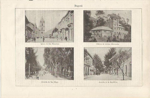 LAMINA ESPASA 34621: Iglesia de San Francisco, Fabrica de cerveza Germania y Avenida de la Republica en Bogota