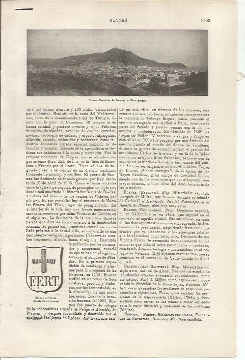 LAMINA ESPASA 34590: Vista y escudo de Blanes, Girona