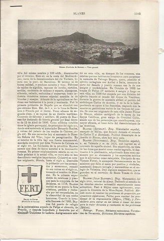 LAMINA ESPASA 34590: Vista y escudo de Blanes, Girona