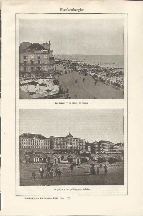 LAMINA ESPASA 34591: Muelle, playa y hoteles en Blankenberghe, Belgica