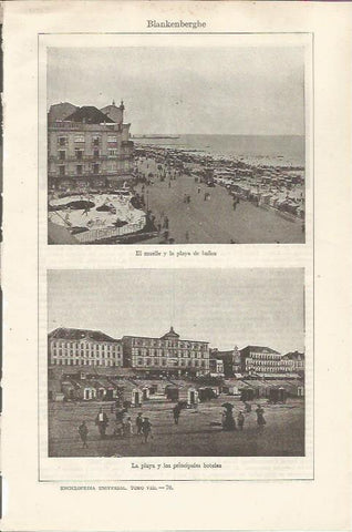 LAMINA ESPASA 34591: Muelle, playa y hoteles en Blankenberghe, Belgica