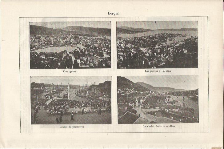 LAMINA ESPASA 34450: Vista, puertos y muelle de pescadores en Bergen, Noruega