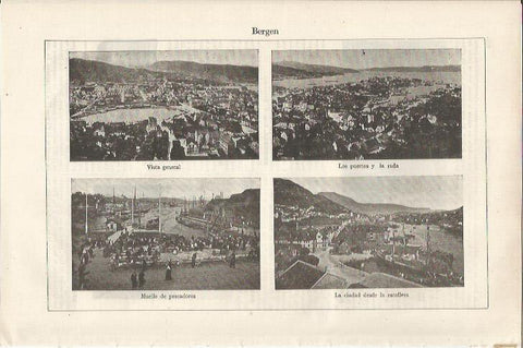 LAMINA ESPASA 34450: Vista, puertos y muelle de pescadores en Bergen, Noruega