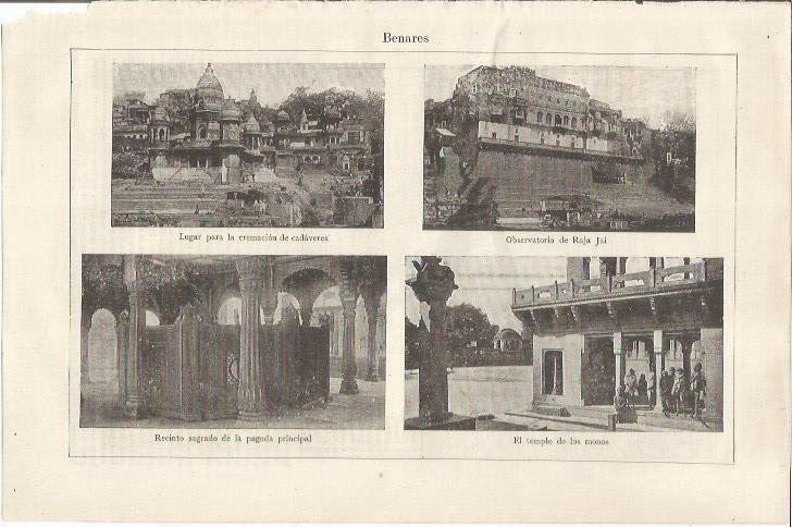 LAMINA ESPASA 34422: Observatorio, pagoda y Templo de los monos en Benares, India