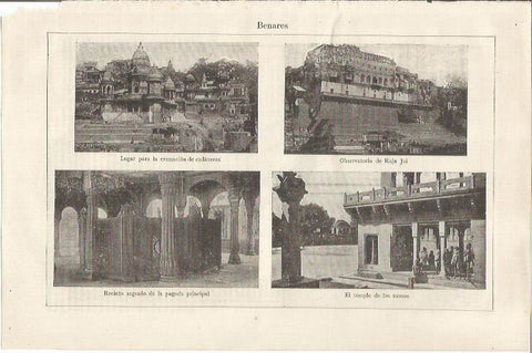 LAMINA ESPASA 34422: Observatorio, pagoda y Templo de los monos en Benares, India