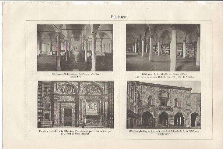 LAMINA ESPASA 34520: Biblioteca de la Abadia de Monte Oliveto y fachadas de la Biblioteca Piccolomini y del Palacio de Bergamo