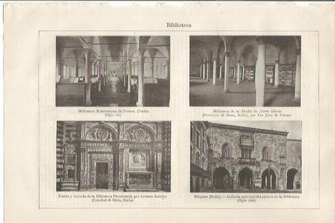 LAMINA ESPASA 34520: Biblioteca de la Abadia de Monte Oliveto y fachadas de la Biblioteca Piccolomini y del Palacio de Bergamo