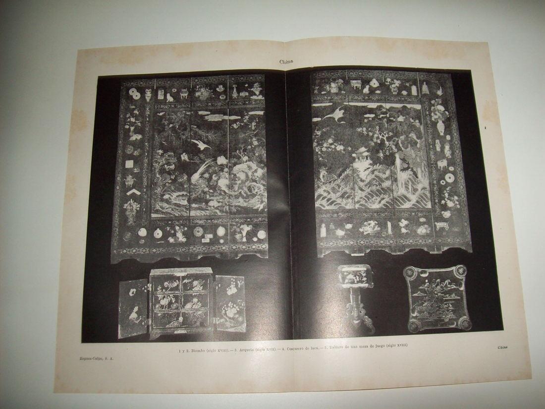 LAMINA ESPASA 34770: Biombo, arqueta, costurero y tablero de mesa de la Antigua China