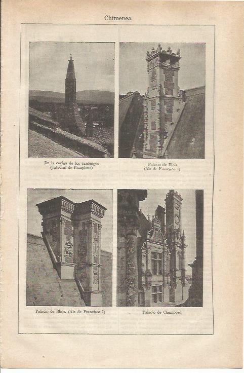 LAMINA ESPASA 34749: Chimenea de la Catedral de Pamplona, del Palacio de Blois y del Palacio de Chambord