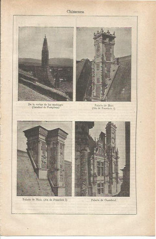LAMINA ESPASA 34749: Chimenea de la Catedral de Pamplona, del Palacio de Blois y del Palacio de Chambord