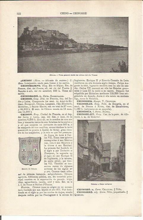 LAMINA ESPASA 34787: Escudo poblacion y vistas de Chinon en Francia