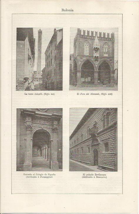 LAMINA ESPASA 34636: Torre Asinelli, Foro dei Mercanti, Palacio Bevilacqua y Colegio de España en Bolonia, Italia