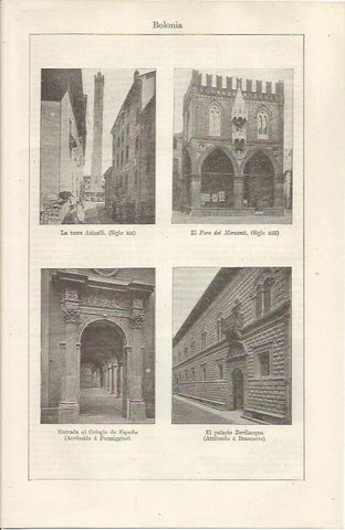 LAMINA ESPASA 34636: Torre Asinelli, Foro dei Mercanti, Palacio Bevilacqua y Colegio de España en Bolonia, Italia