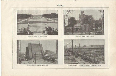 LAMINA ESPASA 34722: Parque Garfield, Palacio de la señora Potter Palmer y puente levadizo en Chicago