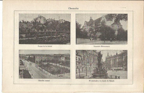 LAMINA ESPASA 34698: Parque, Sanatorio Zimmermann y Estacion central de Chemnitz, Alemania