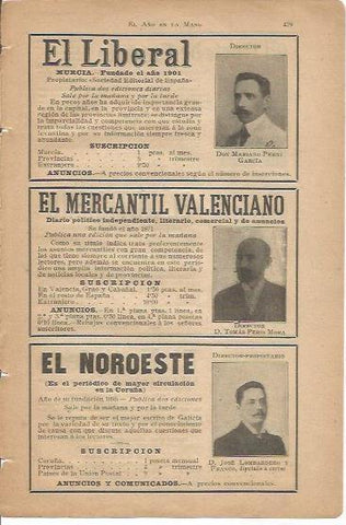 LAMINA 20628: Ficha de El Liberal, El Mercantil Valenciano y El Noroeste