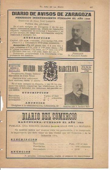LAMINA 20624: Ficha de prensa de Diario de Barcelona, Diario del Comercio y Diario de Avisos de Zaragoza