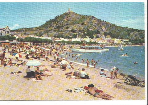 Postal JC0252: Blanes (Costa Brava). La playa, al fondo Castillo San Juan