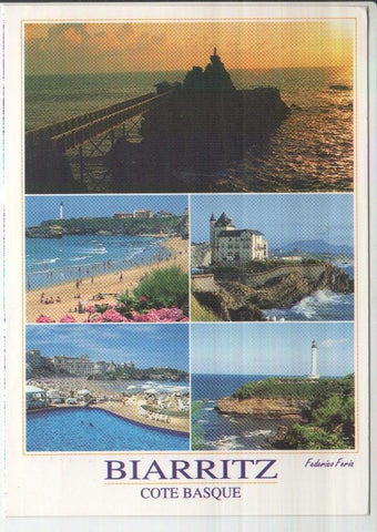 Postal JC0267: Biarritz. Cote Basque. Le Rocher de la Vierge, La Grande Plage, La Villa Belza, La piscine de l'hotel du Palais, Le phare