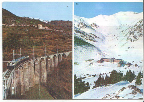 Postal JC0274: Nuria / Estacion Invernal (Pirineo Catalan). Dos fotos: 1) F.c. Cremallera Ribas - Nuria a su paso por Caralps, 2) Vista general del Santuario, al fondo Collado de Finistrelles