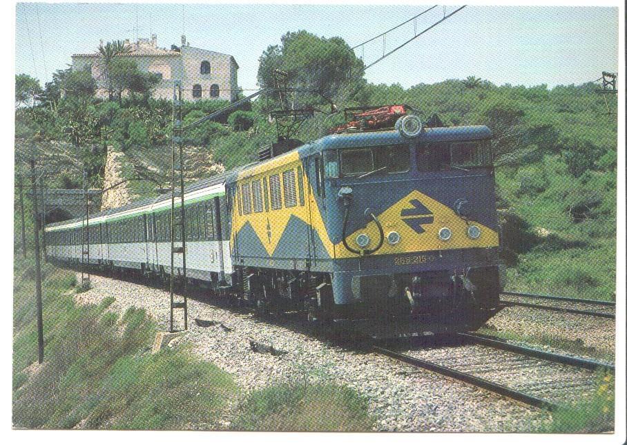 Postal JC0283: Renfe, locomotora electrica 269-215-0 con tren Corail (SNCF) cerca de Vilanova i la Geltru en junio de 1982