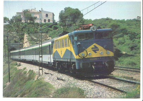 Postal JC0283: Renfe, locomotora electrica 269-215-0 con tren Corail (SNCF) cerca de Vilanova i la Geltru en junio de 1982