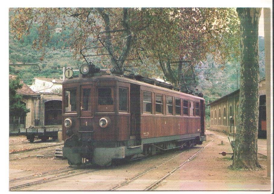 Postal JC0293: En la estacion de Soller (Mallorca), automotor numero 1 del ferrocarril de Palma a Soller. Foto C. Escudero