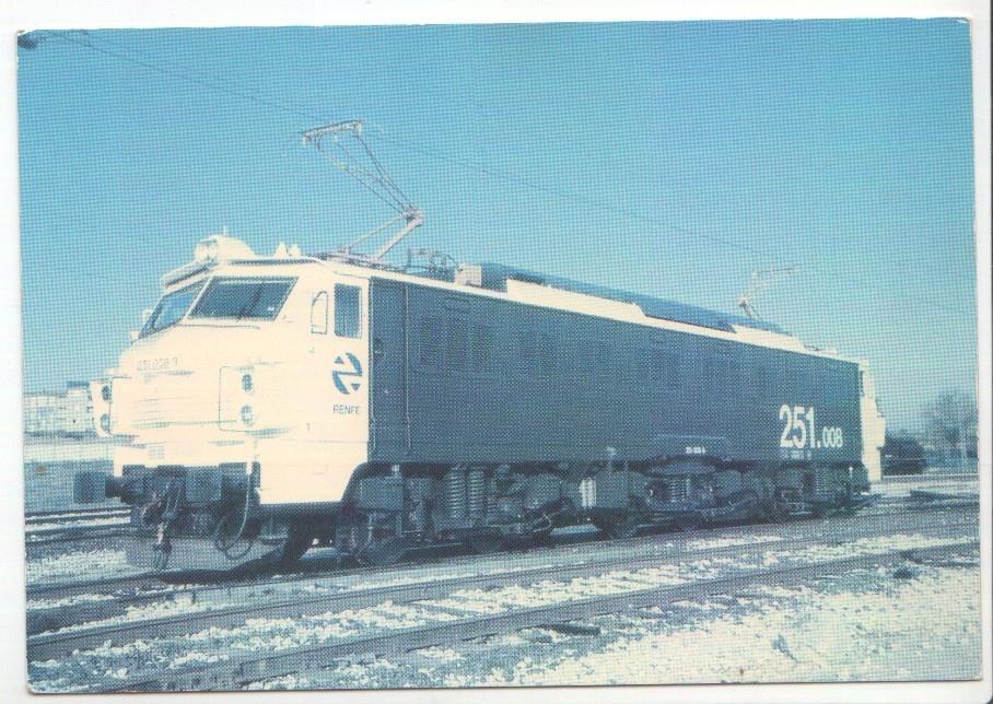 Postal JC0294: Locomotora electrica nº 251.008.9 serie 251-001 a 251-030. Villaverde Bajo-Marzo 1994. Foto Chema Martinez