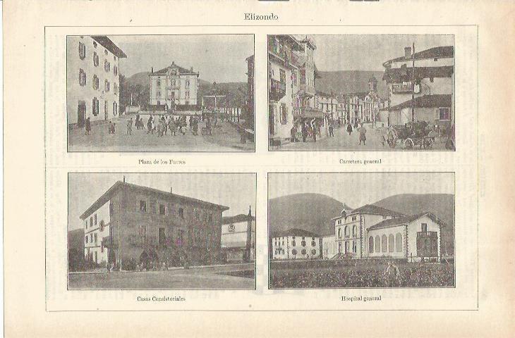 LAMINA ESPASA 35606: Plaza de los Fueros, Carretera, Ayuntamiento y Hospital de Elizondo, Navarra